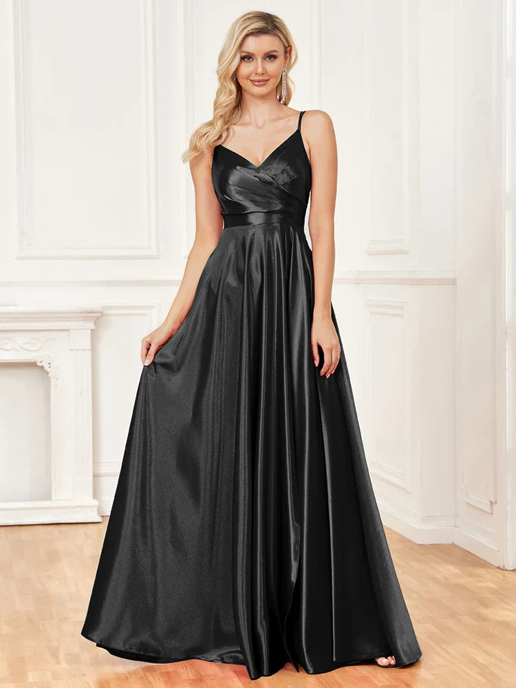 Luxury V-Neck Satin Sleeveless Blue Formal Evening Dress 2024 Women Elegant Sexy Slip Wedding Party Long Prom Dress