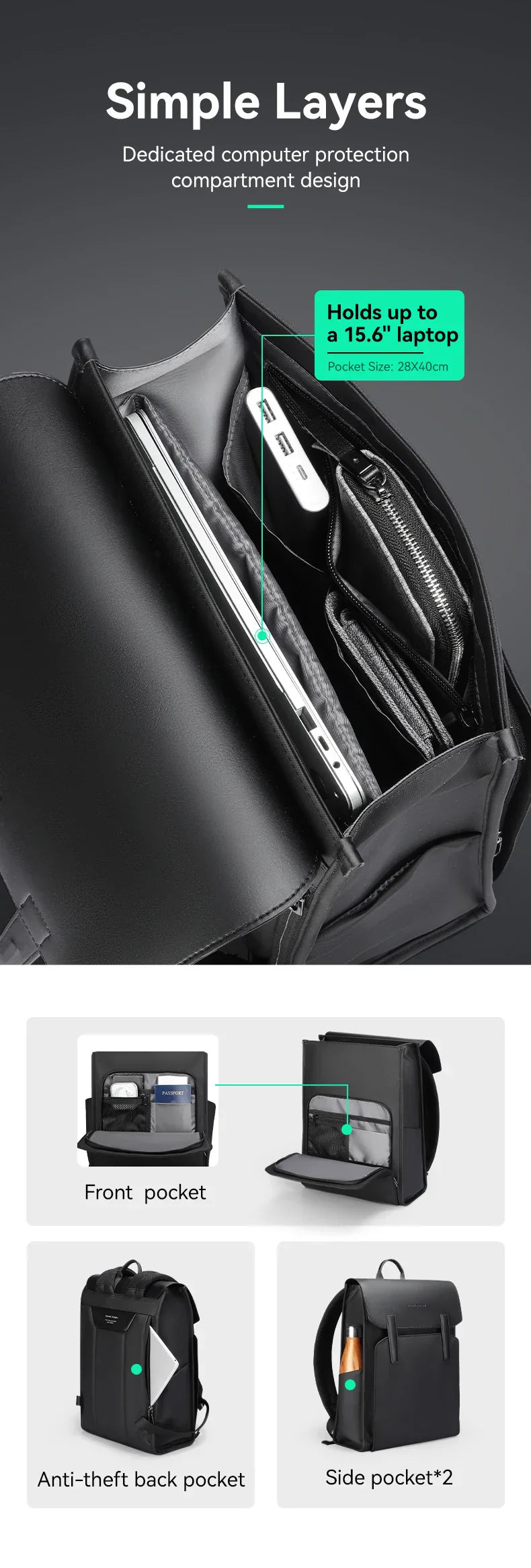 Mark Ryden Classic Business Work Black Leather Backpack 15.6 Inch Laptop Waterproof Bag School Bags Business bacbackpack for men