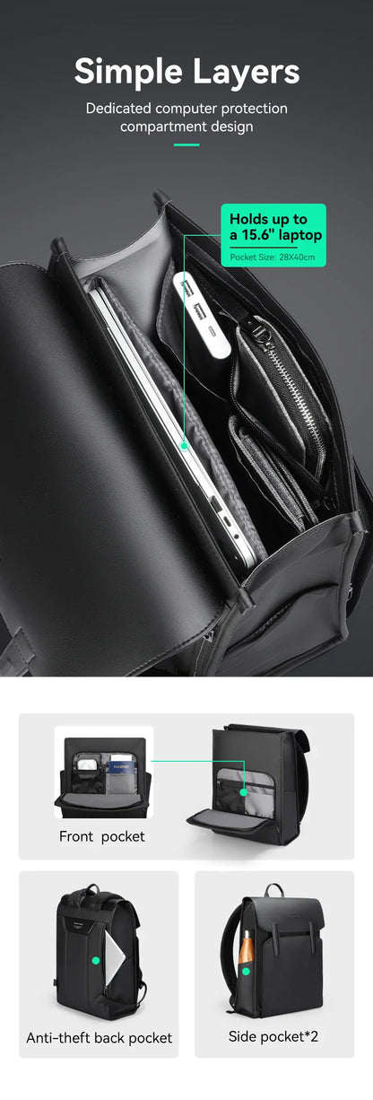 Mark Ryden Classic Business Work Black Leather Backpack 15.6 Inch Laptop Waterproof Bag School Bags Business bacbackpack for men