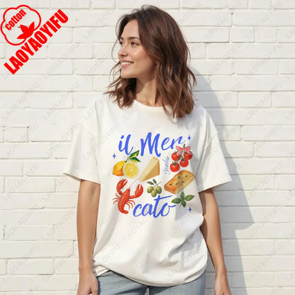 Vintage Italian Tomato Cotton Graphic Tshirt Summer Shirt Women Top Italy Vacation Aesthetic Tomato Girl Market Style