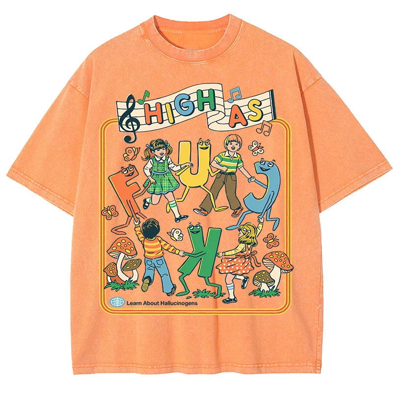 Happy Playing Children Pattern Retro T-Shirt Men Summer Soft Clothing Trendy Crewneck Washed Tops Oversize Cotton Streetwear