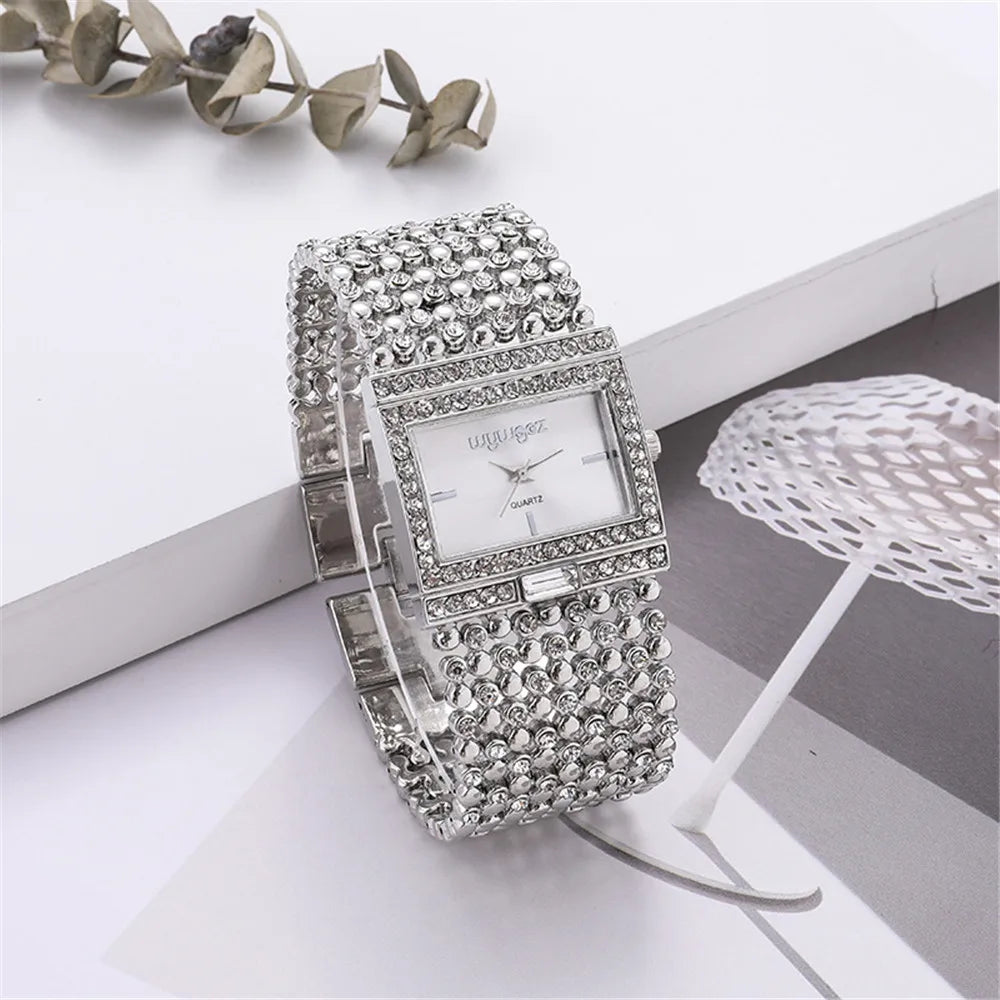 W25 Women's Square Quartz Watch Fashion Brand Light Luxury Stainless Steel Bracelet Girls' Diamond Inlaid Wristwatches