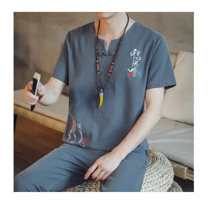 (Shirt + trousers) 2025 summer Chinese Style men shirt Cotton and linen shirts men's High quality casual shirts Two Piece M-5XL