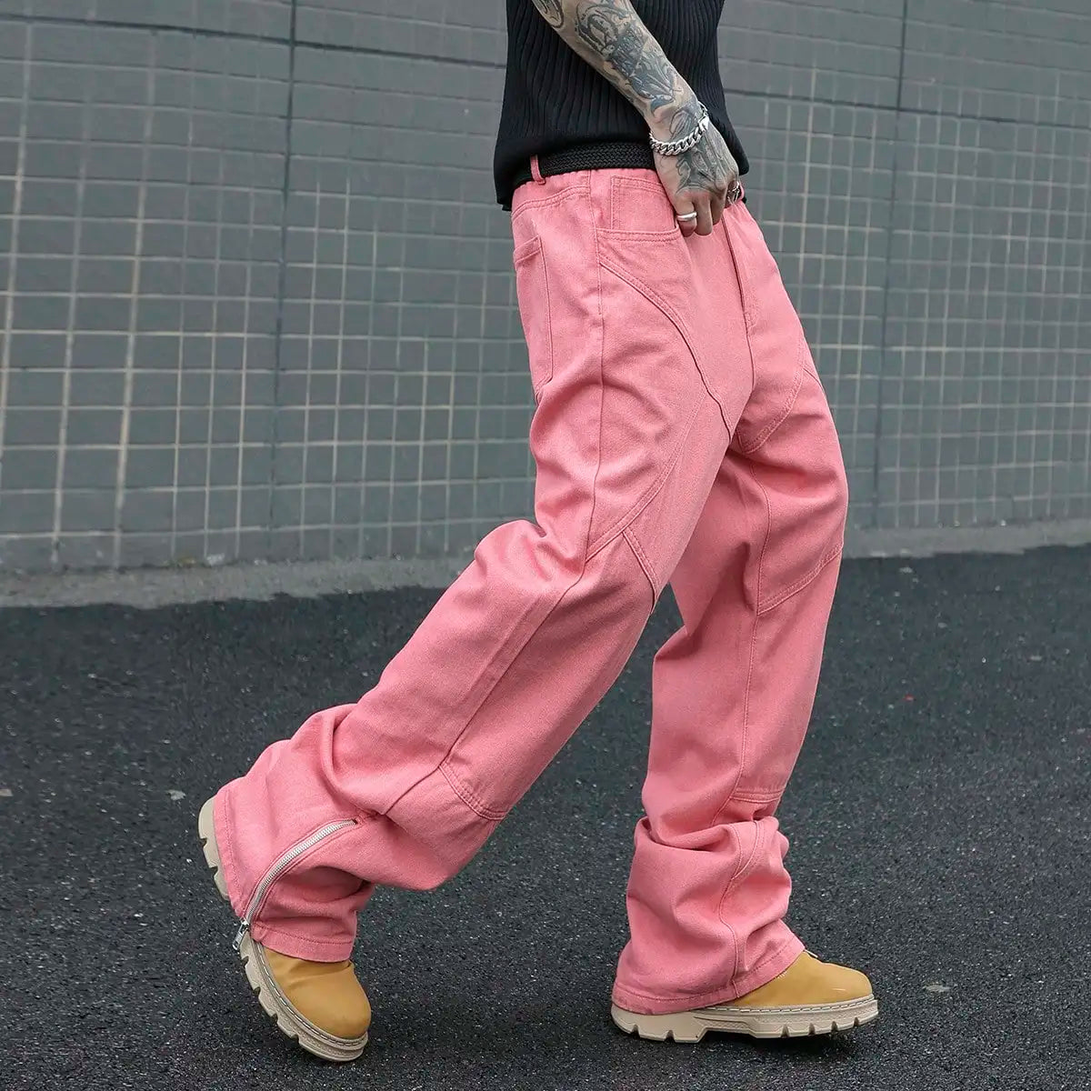 Men's Pink Patchwork Flared Jeans, Street Trend, Suitable for All Seasons