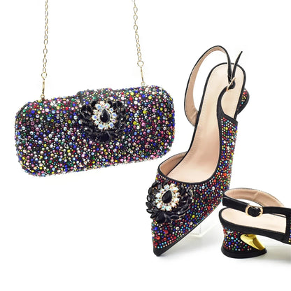 African Shoe and Bags Set for Wedding Nigerian Party Shoes and Bag Set Decorated with Rhinestone Elegant Heeled Pumps for Women