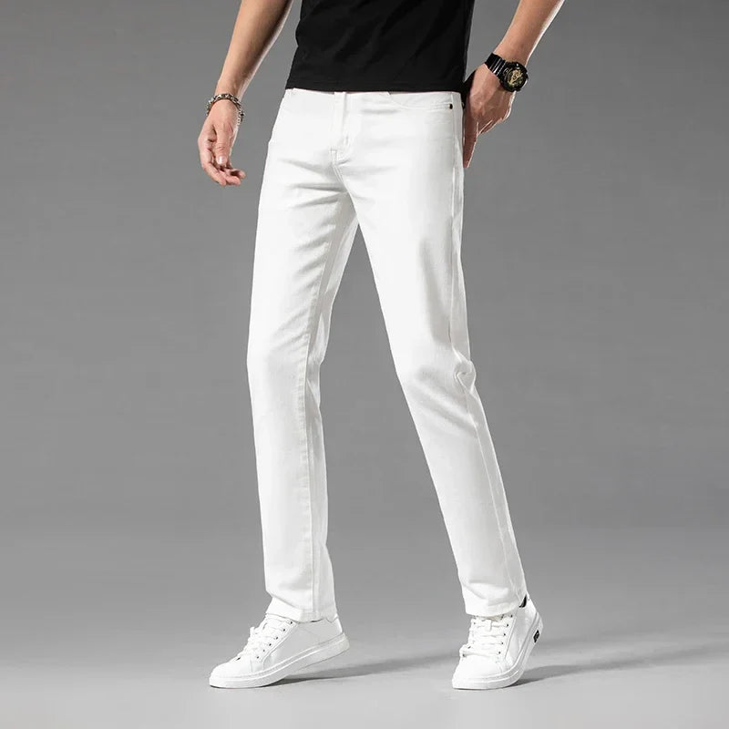White Summer Men's Slim Jeans Classic Business Fashion High Quality Cotton Stretch Denim Pants Brand Trousers