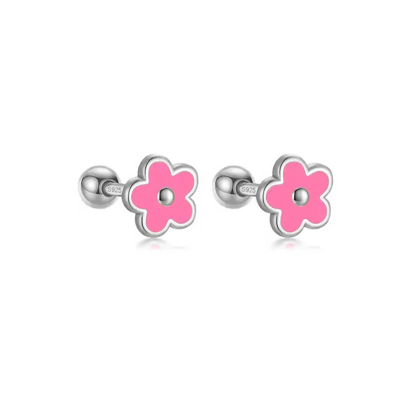 925 Sterling Silver Romantic White Enamel Flower Screw Bead Stud Earrings for Women Fashion Simple Piercing Jewelry Gift