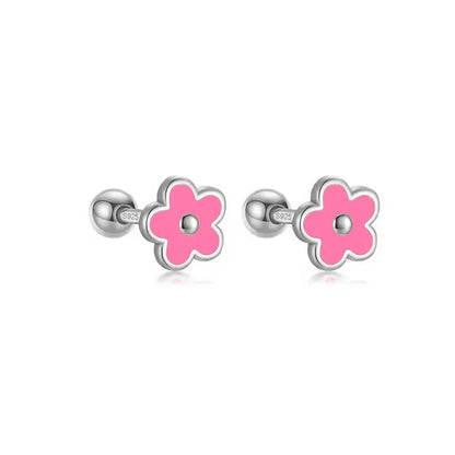 925 Sterling Silver Romantic White Enamel Flower Screw Bead Stud Earrings for Women Fashion Simple Piercing Jewelry Gift