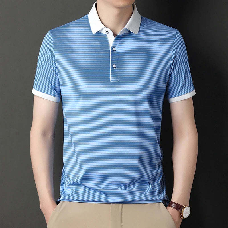2024 Men's New Striped Cotton Business Casual Short Sleeved POLO Shirt Fashion Short Sleeved Comfortable and Breathable Top