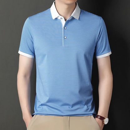 2024 Men's New Striped Cotton Business Casual Short Sleeved POLO Shirt Fashion Short Sleeved Comfortable and Breathable Top