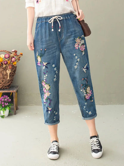 Summer Women Vintage Floral Loose Denim Pants Chinese Style Casual Ripped Blue Jeans Holes Elastic Harem Trousers