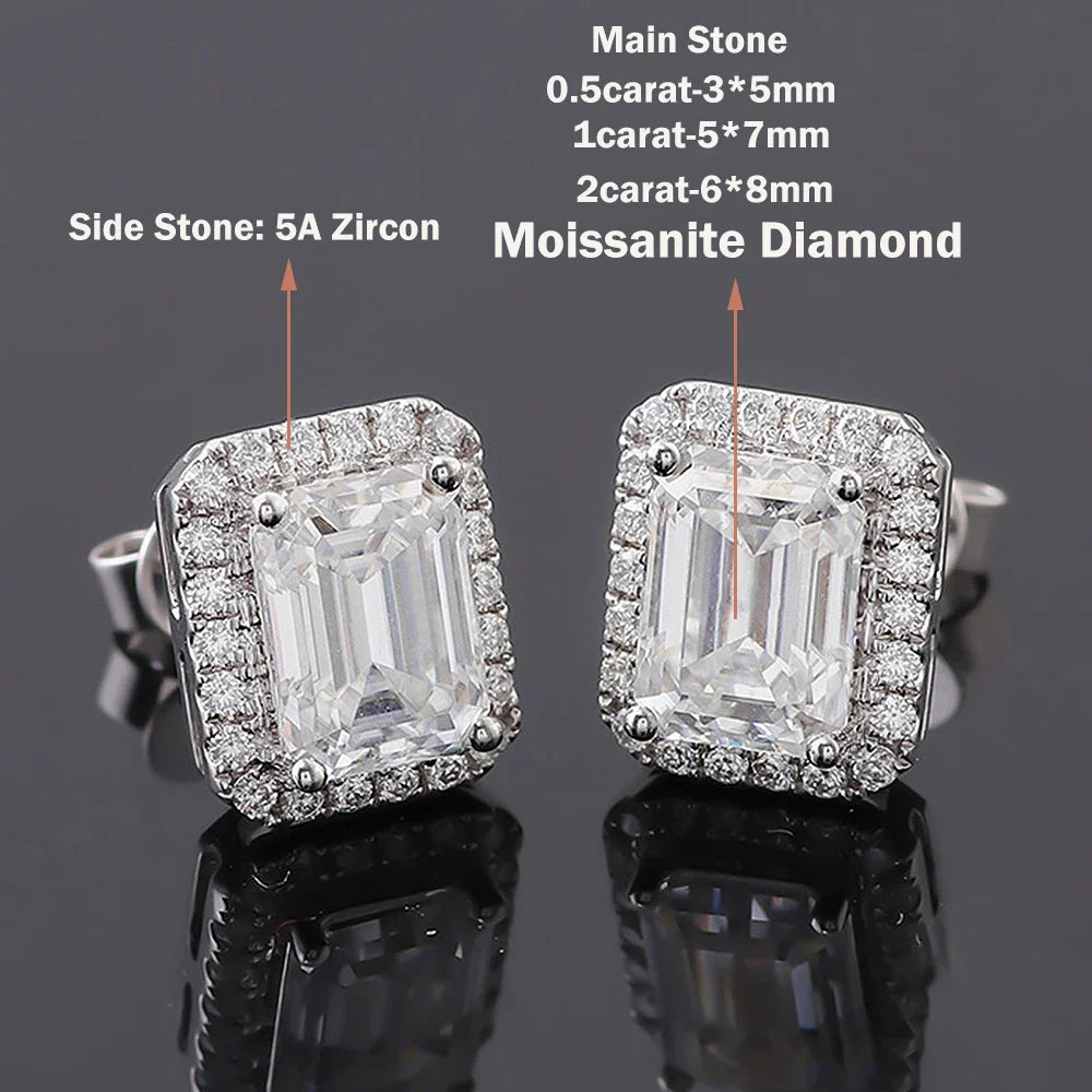 0.5/1/2ct Emerald Cut Halo Moissanite Diamond Stud Earrings 925 Sterling Silver Plated 18k Gold Earring Fine Jewelry for Women
