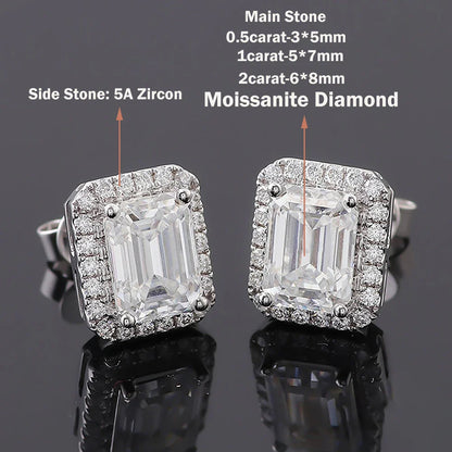 0.5/1/2ct Emerald Cut Halo Moissanite Diamond Stud Earrings 925 Sterling Silver Plated 18k Gold Earring Fine Jewelry for Women
