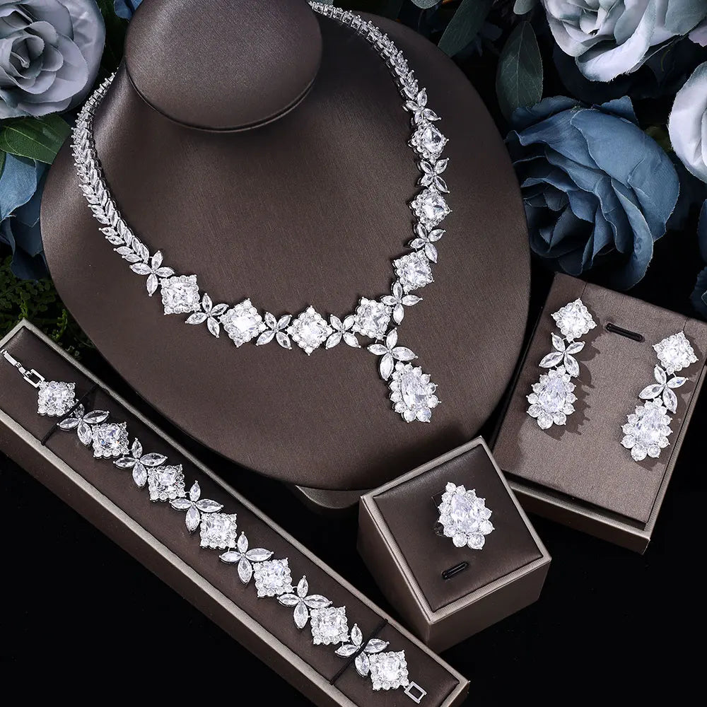 2024 Top 4 Piece Set Dubai Cubic Zirconia Tassel Drop Big Bridal Necklace Bridal Party Luxury Jewelry Set
