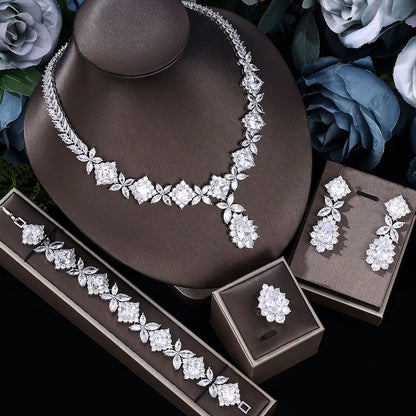 2024 Top 4 Piece Set Dubai Cubic Zirconia Tassel Drop Big Bridal Necklace Bridal Party Luxury Jewelry Set