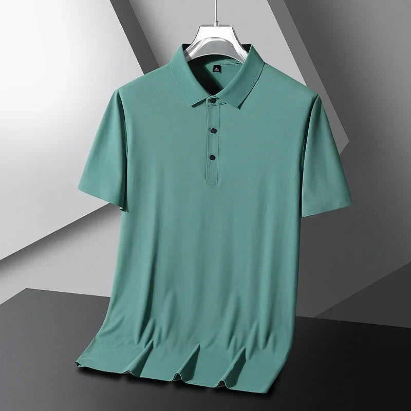 Summer Ice Silk Polo Shirt High-End T-Shirt Solid Color New Half Sleeve Non-Marking Casual Lapels Business Thin Menswear 2025