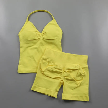 Yoga Longline Strappy Top Leggings Set Women's Backless Camisole Built-In bra Vest High-Waisted Hip Lift Gym Shorts Sports Set