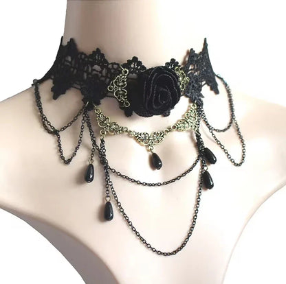 Gothic Victorian Black Lace Necklace Women Girl Boho Crystal Tassel Sexy Lace Choker Dark Loli Style Holiday Party Girl Jewelry