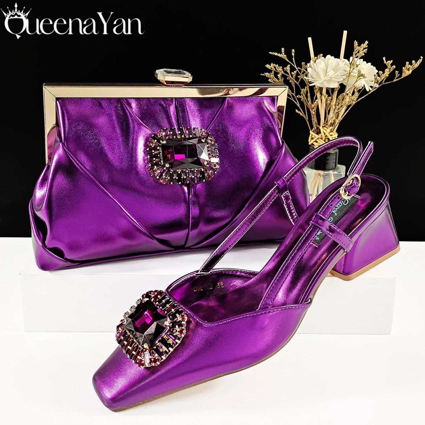 Nigerian Heel Party for Women Purple Color Shoes and Bag Set Rhinestone Handbag Italian Design Wedding