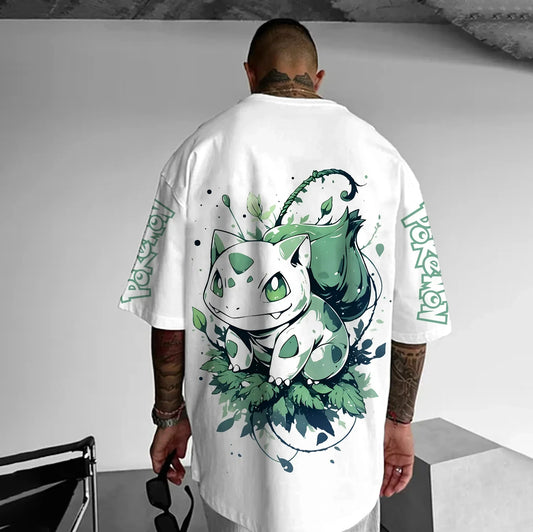 Japanese Anime Peripheral Bulbasaur Short Sleeve T-Shirt Summer Men's Fashion Breathable Sports Top