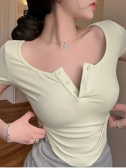 2026 Solid Crew Neck T-shirt Casual Short Sleeve Crop Top For Spring &Summer Women's clothing