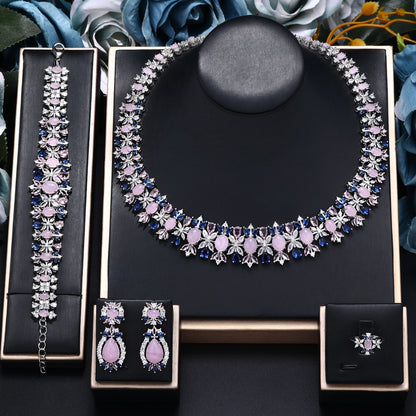 New Luxury Green Blue CZ Crystal Turquoise Earrings Necklace 4PCS Wedding Bridal Jewelry Set for Party