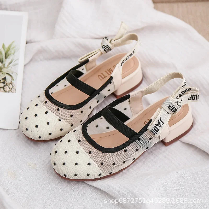 Mesh Black White Polka Dot Shoes Sandals for Girls with Heels Mules Sling Back Shoes for Girls Luxury Shoes for Girls To Dress