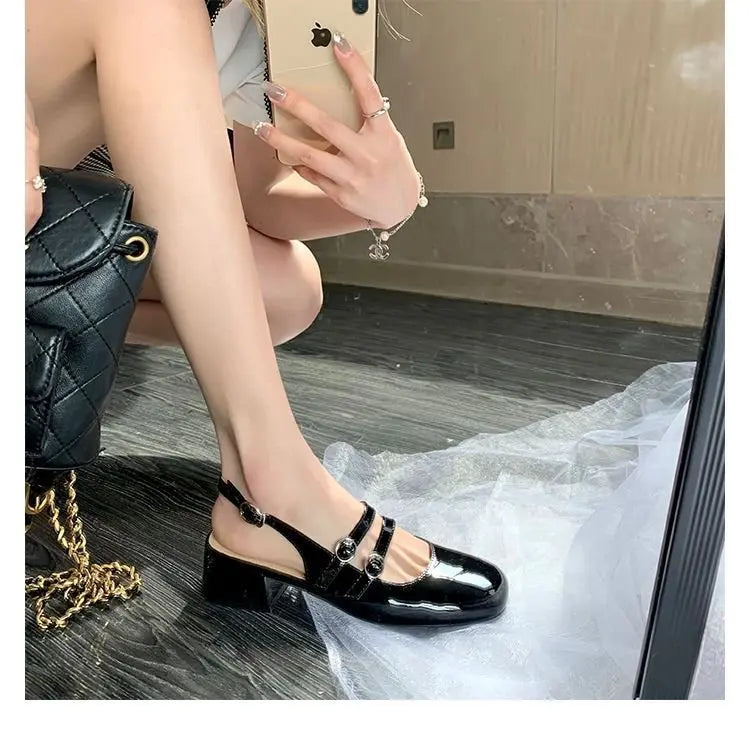 2025 Burgundy Mary Janes Square-Toe Double-Buckle Patent Leather Chunky Heel Shoes with Jean Styling