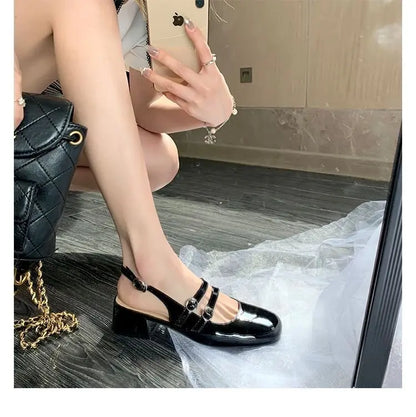 2025 Burgundy Mary Janes Square-Toe Double-Buckle Patent Leather Chunky Heel Shoes with Jean Styling