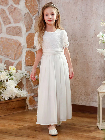Vestidos de Festa de Casamento em Renda Chiffon Vintage para Meninas com Mangas Bufantes e Linha A, Daminha de Honra