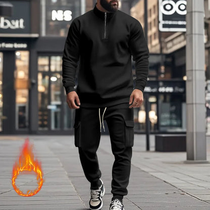 2024 autumn and winter men's casual velvet warm zipper sports trousers set