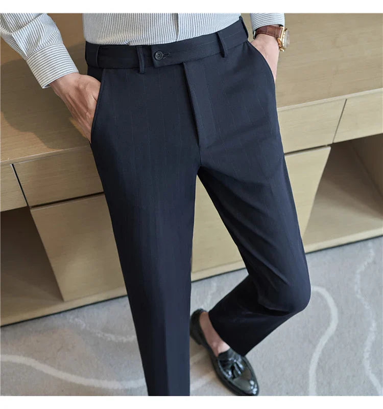Men's Wool Blend Dress Pants, Elastic Waist Business Trousers, Tapered Slim Fit, Charcoal Gray Black Navy