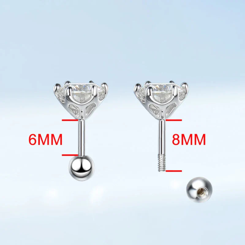 925 Sterling Silver 0.2-2ct D VVS1 6 Prong Diamond with GRA Moissanite Screw Stud Earrings For Women Wedding Fine Jewelry