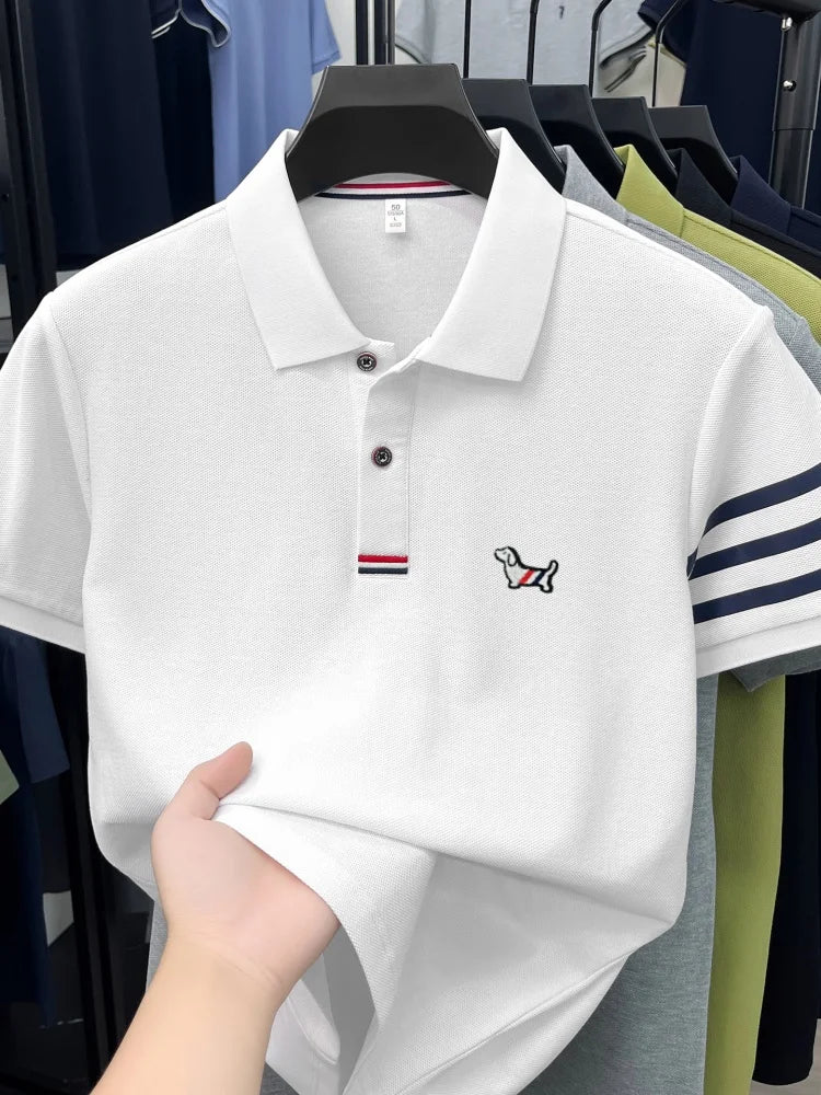 100% pure cotton short sleeve high-end brand cartoon dog embossed men's T-shirt summer new Korean casual breathable polo shirt