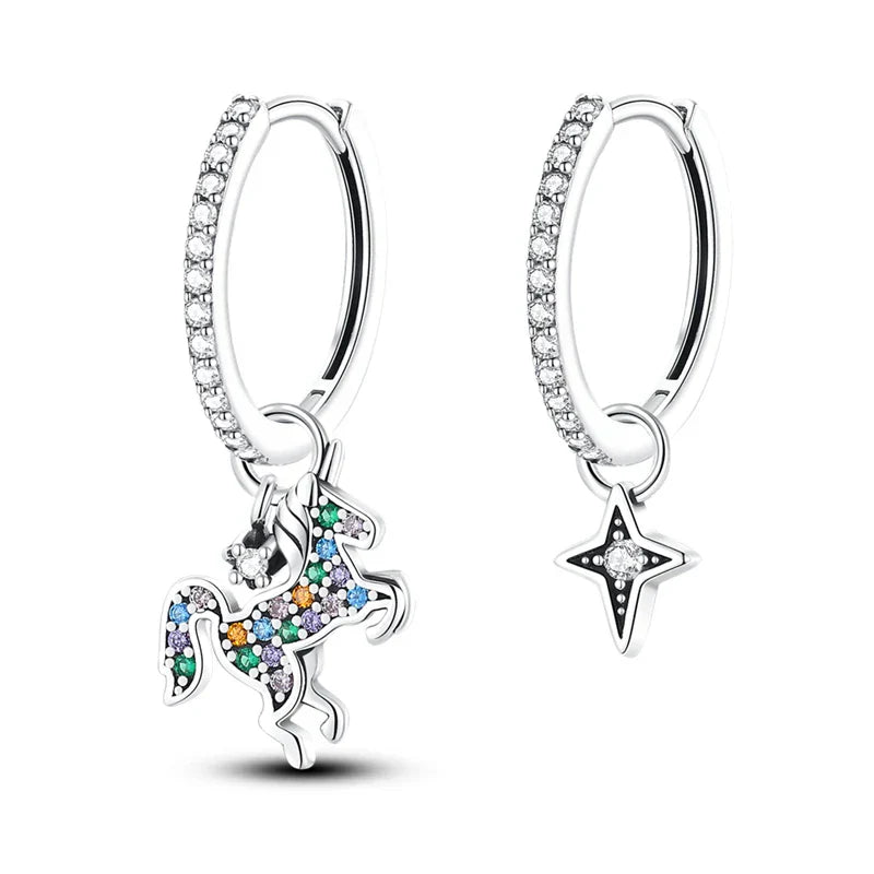 Earrings For Womens 925 Silver Color Pink Rainbow Horse Bear Bee Double Hoop Earrings Fine Engagement Anniversary Jewelry Gifts