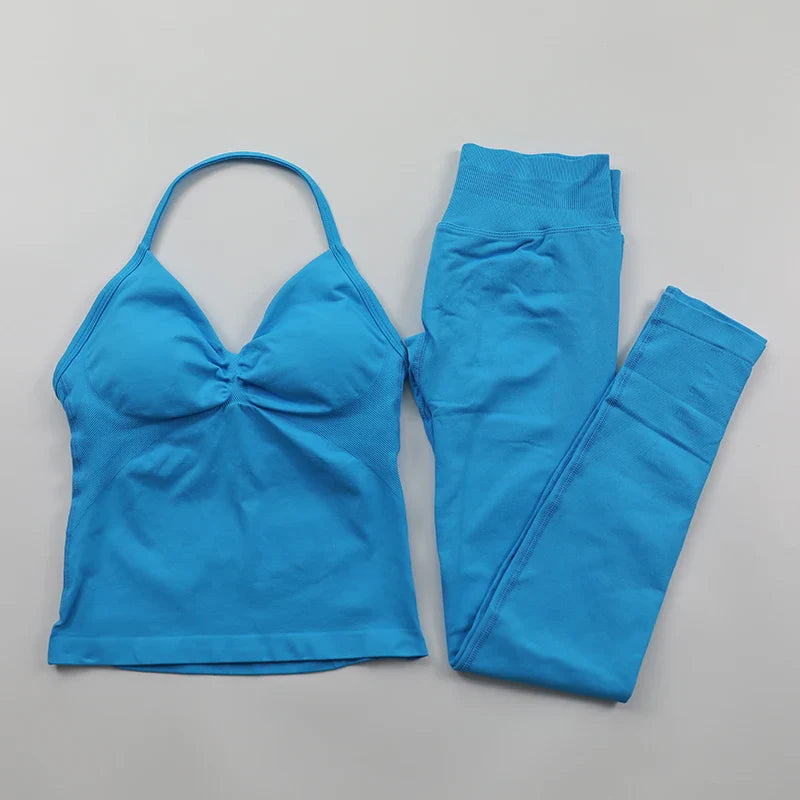 Yoga Longline Strappy Top Leggings Set Women's Backless Camisole Built-In bra Vest High-Waisted Hip Lift Gym Shorts Sports Set