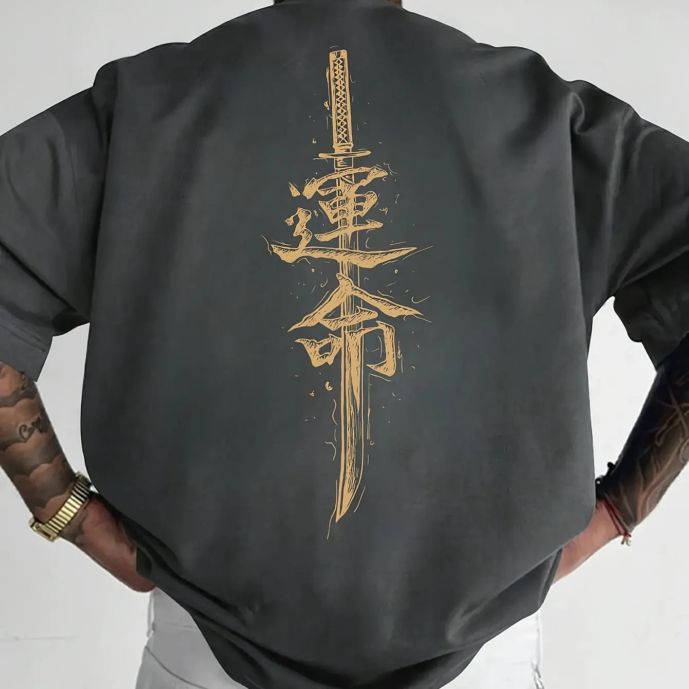 Men's summer 100% pure cotton fashionable casual loose Japanese samurai sword pattern printed round neck short sleeved T-shirt