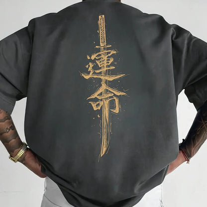 Men's summer 100% pure cotton fashionable casual loose Japanese samurai sword pattern printed round neck short sleeved T-shirt