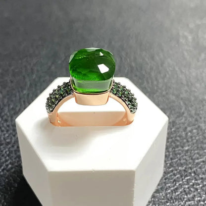 Emerald Ring for Women Green Zircon Inlay Rose Gold & Black Gun Plated 30 Colors Candy Crystal Style Jewelry Birthday Gift