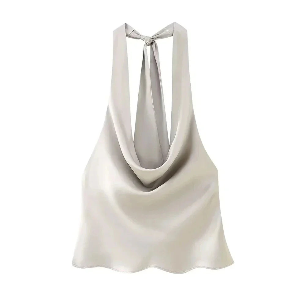 Women's Flowing Draped Halter Neck Tank Tops With Bow Tied, Backless, Sleeveless, Female Camis, Sexy, Fashion
