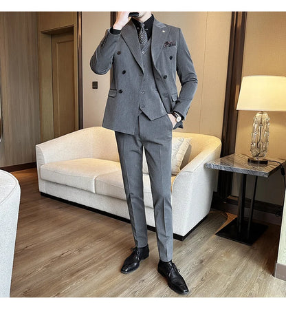 (Jackets+Pants) Luxury Double Breasted Design Slim Fit Suit High Quality Fashion Men's Wedding Social Suit Tuxedo 2 Piece Set