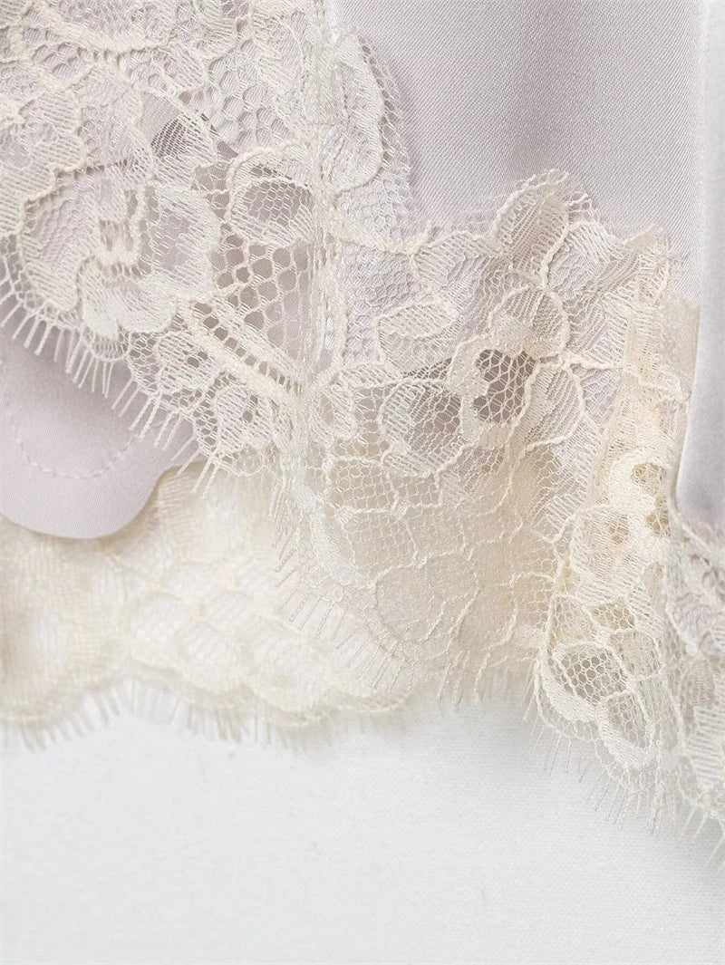 Women's Top 2026 New Spring Summer Lace Decoration Satin Textured Top for Women Chic Personality Female Spaghetti Strap Top