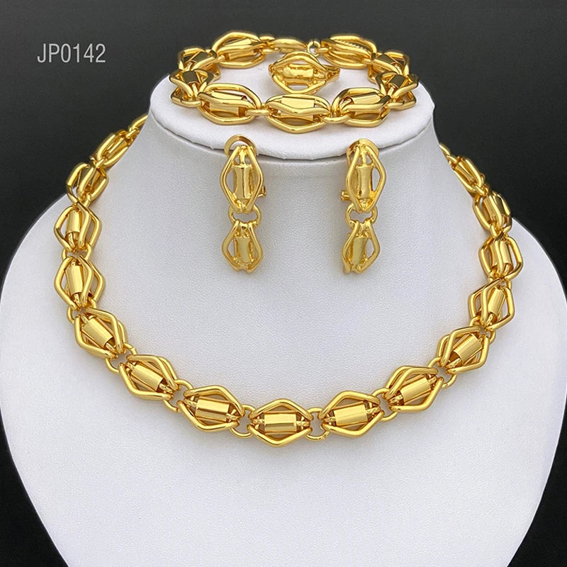 Dubai Nigeria Jewelry Set For Women Classic Design Beads Necklace Earrings Ring Bracelet 18K Gold Plated 4Pcs Set Jewelry