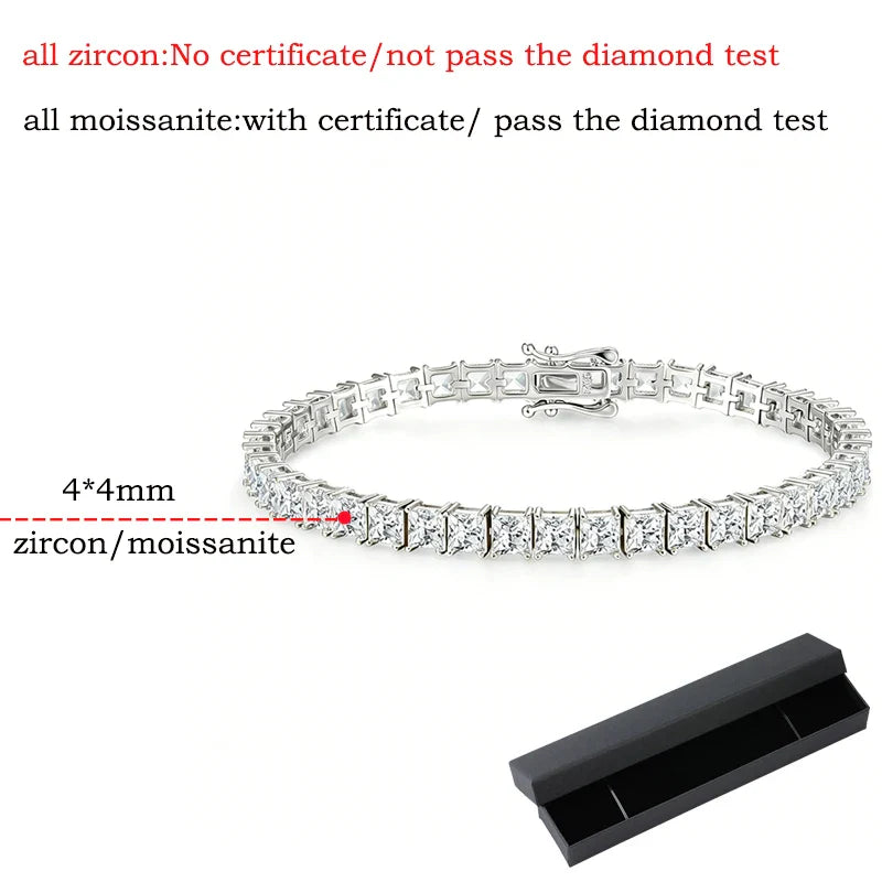 4*4mm D Color Princess Cut Moissanite Tennis Bracelet Hip-hop Men's Jewelry Square Chain for Women Real Pure 925 Silver