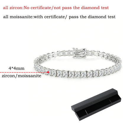 4*4mm D Color Princess Cut Moissanite Tennis Bracelet Hip-hop Men's Jewelry Square Chain for Women Real Pure 925 Silver