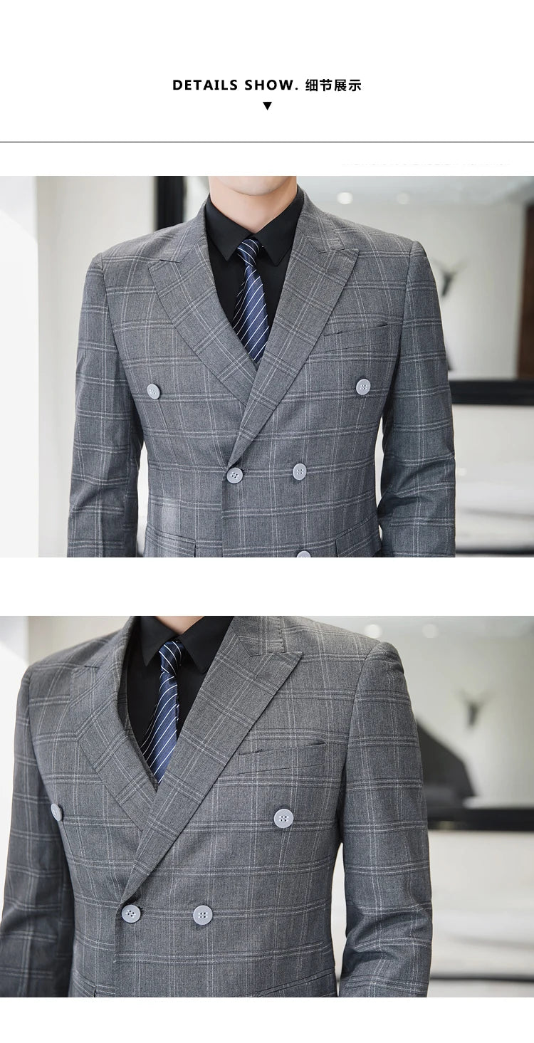 S-5XL ( Blazer + Pants ) Men's High-end Brand Formal Double Breasted Suit Gray 2 Piece Set Wedding Dress Plaid Suit Groom Party