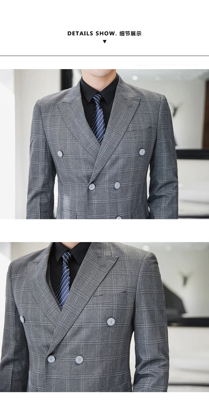 S-5XL ( Blazer + Pants ) Men's High-end Brand Formal Double Breasted Suit Gray 2 Piece Set Wedding Dress Plaid Suit Groom Party