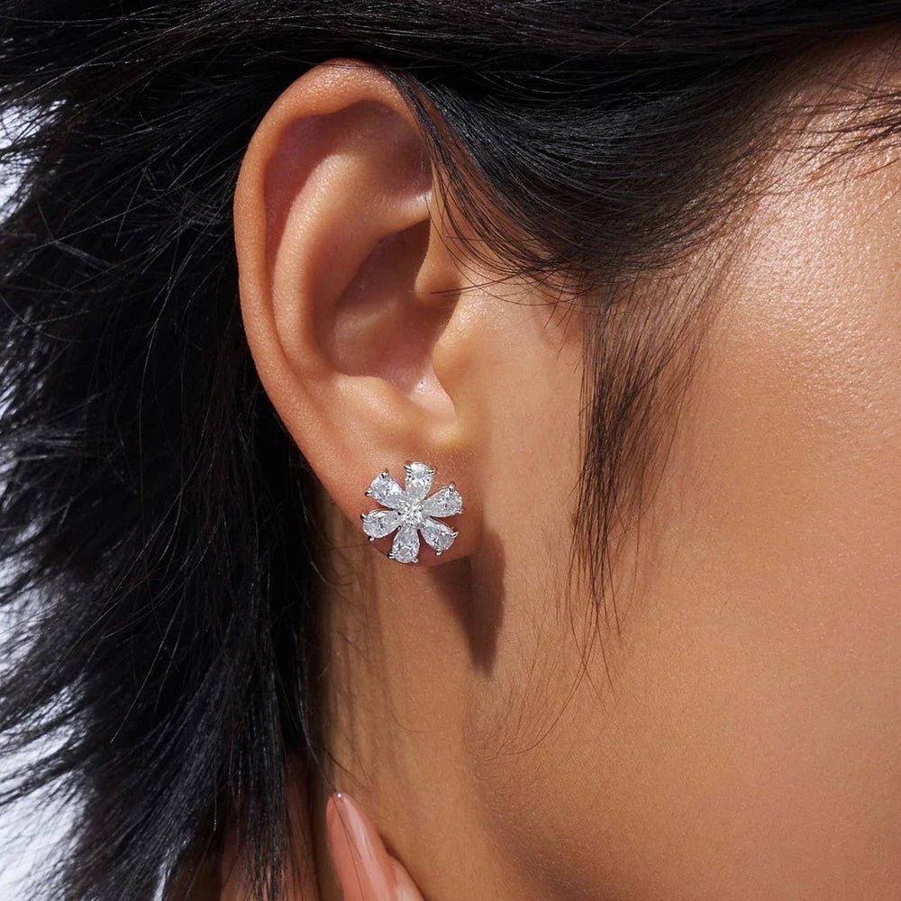 Cluster Flower Full Moissanite Stud Earrings for Women Pear Cut Lab Diamond Earring 925 Sterling Silver Ear Studs Fine Jewelry