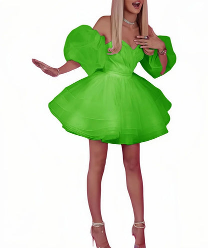 Vestidos de baile de cetim e tule ombro a ombro para festa, vestido de baile curto de coração, vestido de baile com mangas bufantes em linha A