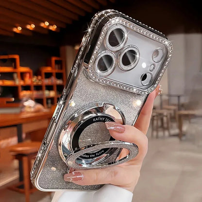 Plating transparent diamond glitter magnetic phone case for iPhone 17 16 13 14 15 Pro Max lens protection bracket back cover